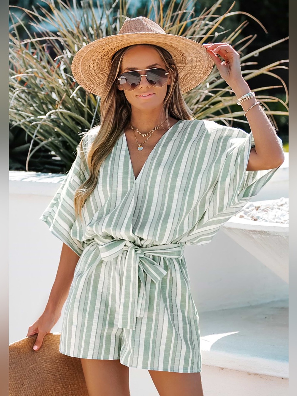 Cupshe Striped V-Neck kimono Sleeve Romper in Sage and White size medium